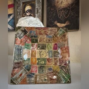 Vintage Glass Ashtray with Postage Stamp Collage‎ Mid Century Décor